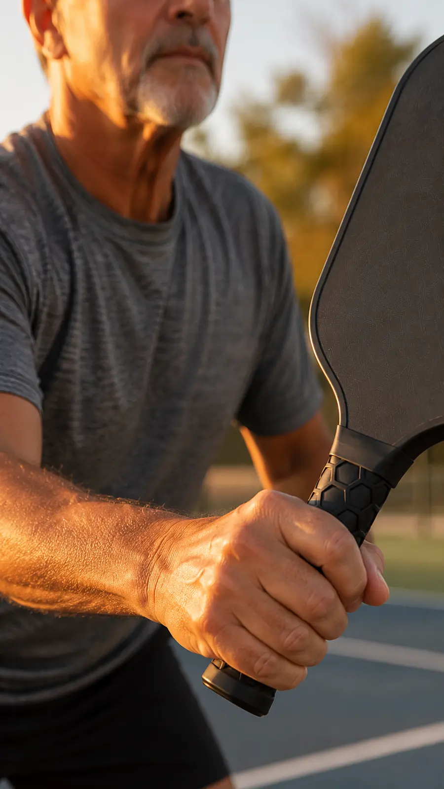Pickleball players rallying on an outdoor court at sunset